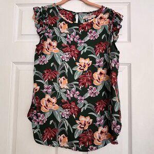 LOFT Floral Top Short Sleeve/Cap Sleeve Ruffles Green with Yellow Flowers Size M